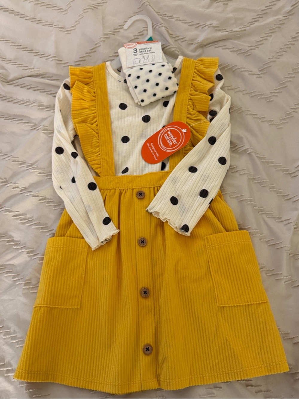 wonder nation Mustard Yellow Corduroy Pinafore Dress with Polka Dot Top & Socks